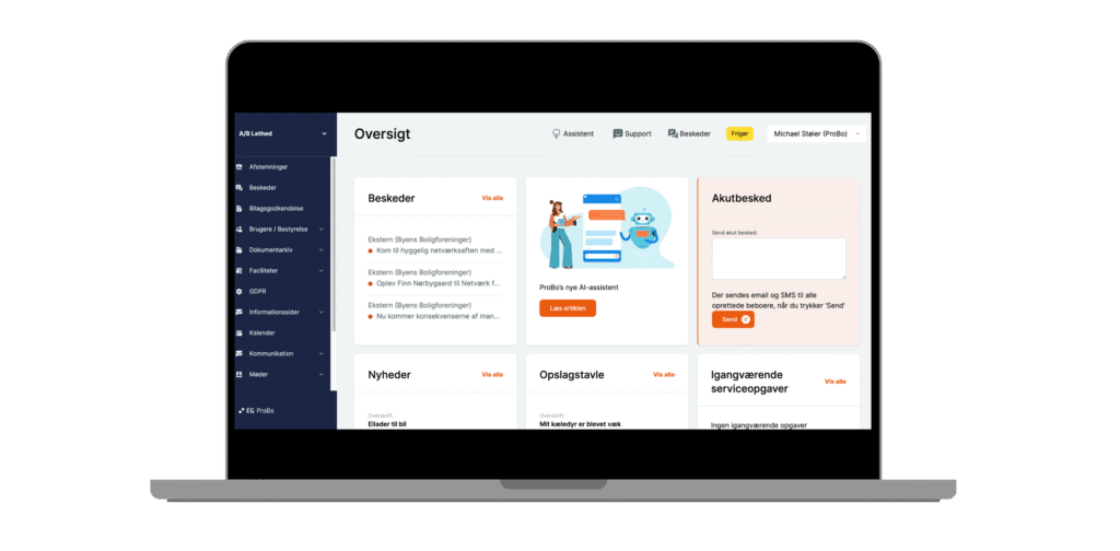 Probo ejendomsadministrationssystem interface på computer skærm