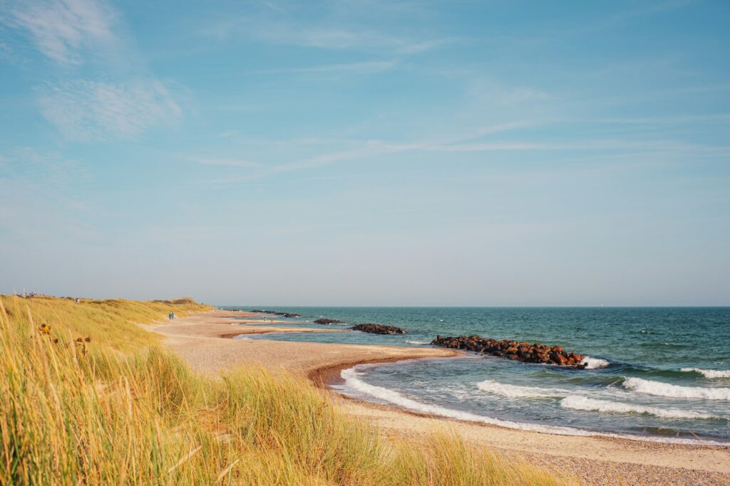 Dansk strand med klitter, sand og havudsigt, symbol på fællesskab, natur og ejendomsadministration